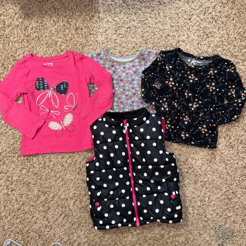 Size 5/5t girls bundle of 4 tops. 3 long sleeve t-shirts and 1 puffer vest.